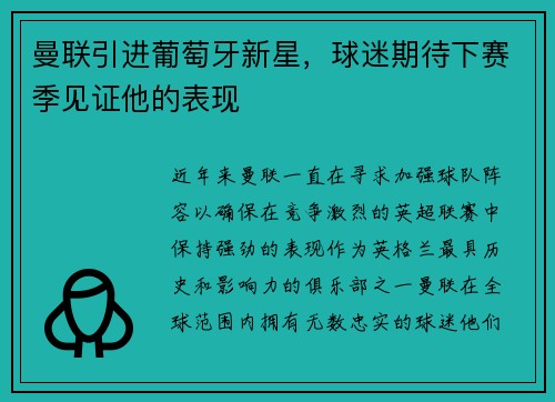曼联引进葡萄牙新星，球迷期待下赛季见证他的表现