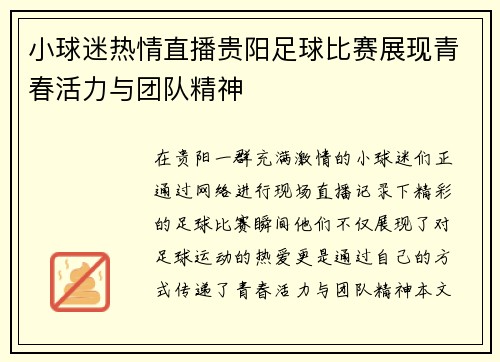 小球迷热情直播贵阳足球比赛展现青春活力与团队精神